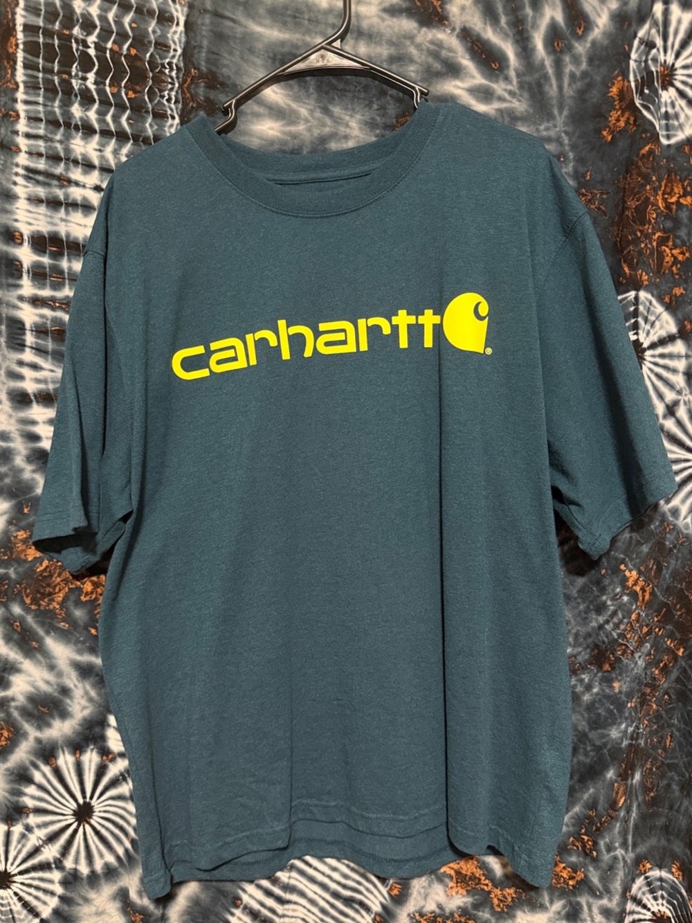 Carhartt Teal Graphic Logo Tee with Bright Yellow Print